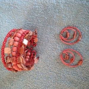 Cuff Bracelet and Matching Earrings Beads Stones